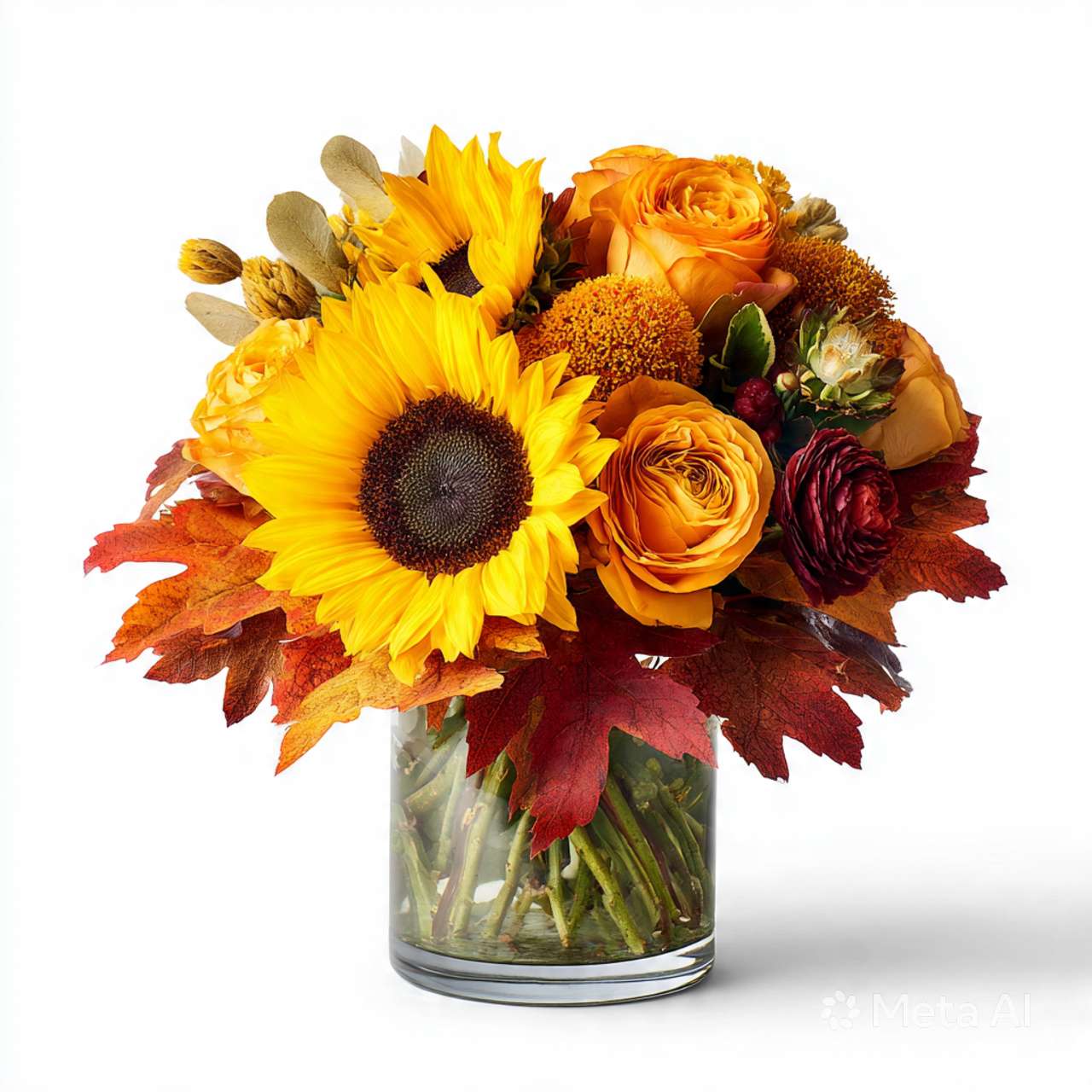 Sunflowers and orange roses in a glass vase with autumn leaves