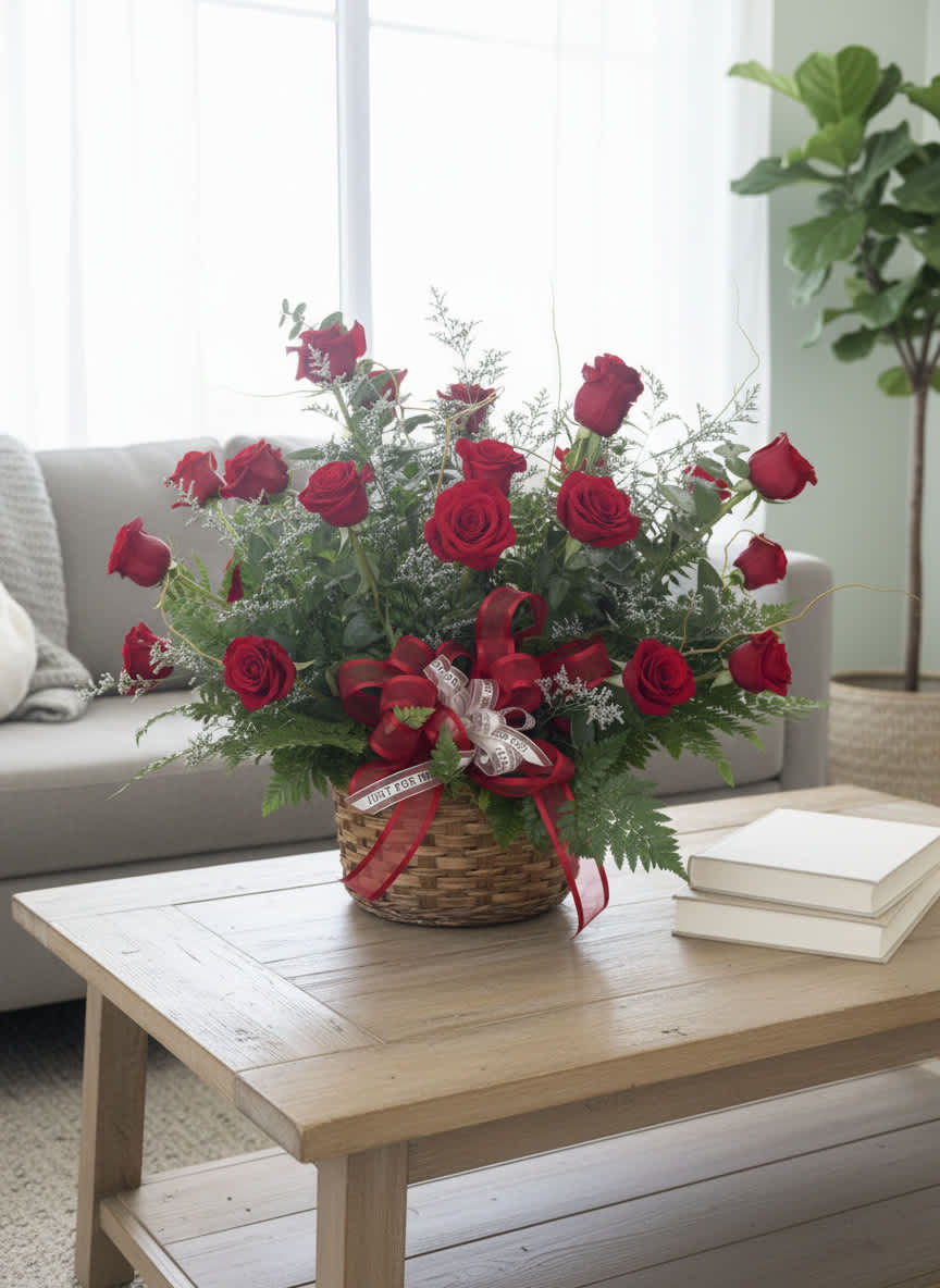 Basket arrangement of red roses with ribbon on a coffee table