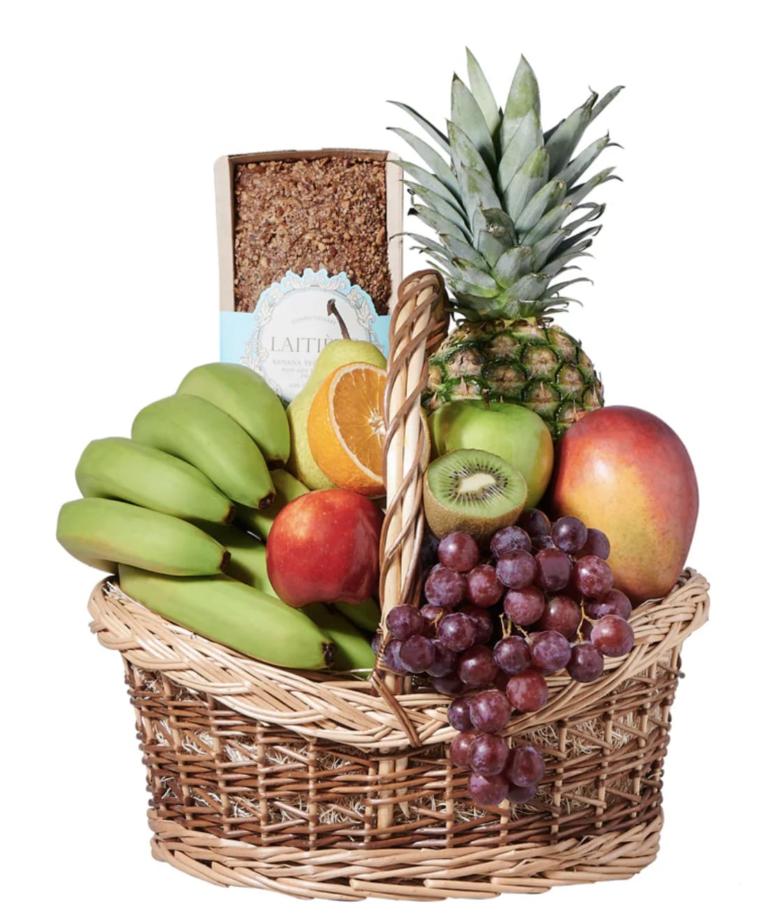 Fruit basket with bananas, pineapple, grapes, mango, apple, kiwi, and citrus