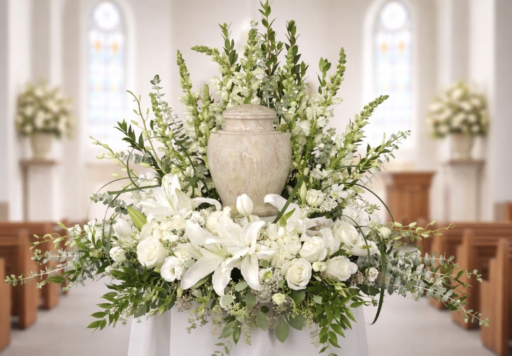White floral arrangement with lilies and roses around a urn in a church setting