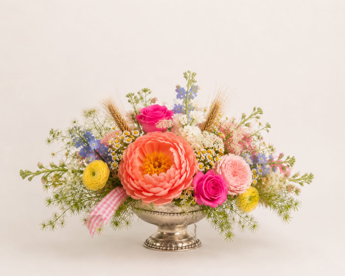 Colorful mixed flower arrangement in a silver pedestal vase