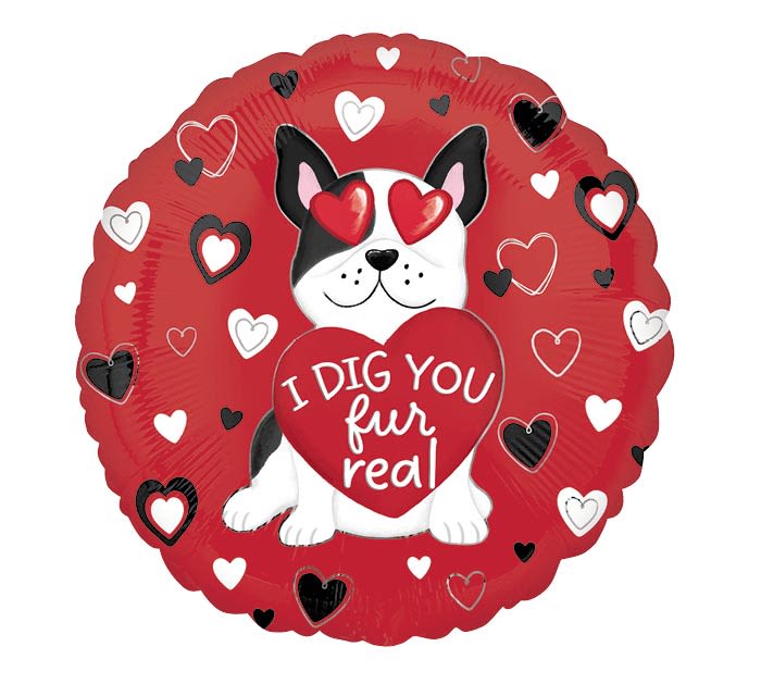 Red heart-shaped balloon with a cartoon dog holding a heart