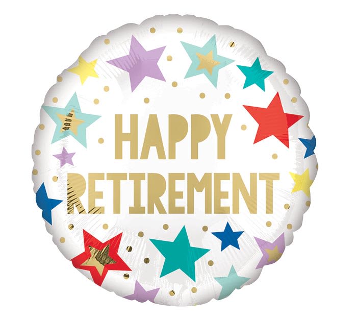 Happy Retirement Balloon 17in - Let the retiree feel celebrated the moment they enter the room with a cheerful 17-inch round mylar balloon printed with large gold "HAPPY RETIREMENT" lettering. This retirement balloon is perfect for a retirement party, office send-off, or as part of a gift set for a coworker or family member who's closing one chapter and opening another.  Bright, playful stars in red, blue, teal, purple and yellow scatter across a clean white background with tiny gold dots for extra sparkle - the color mix reads festive and upbeat rather than formal. The foil material holds helium well so it stays upright and visible; pair it with a mixed-color bouquet or weight it to create a celebratory display.  A ready-to-go accent for any retirement occasion, it sends a clear, joyful message to the person you're honoring and complements both casual and more polished party decor. Balloon measures 17 inches; comes filled with helium and tied with a ribbon.