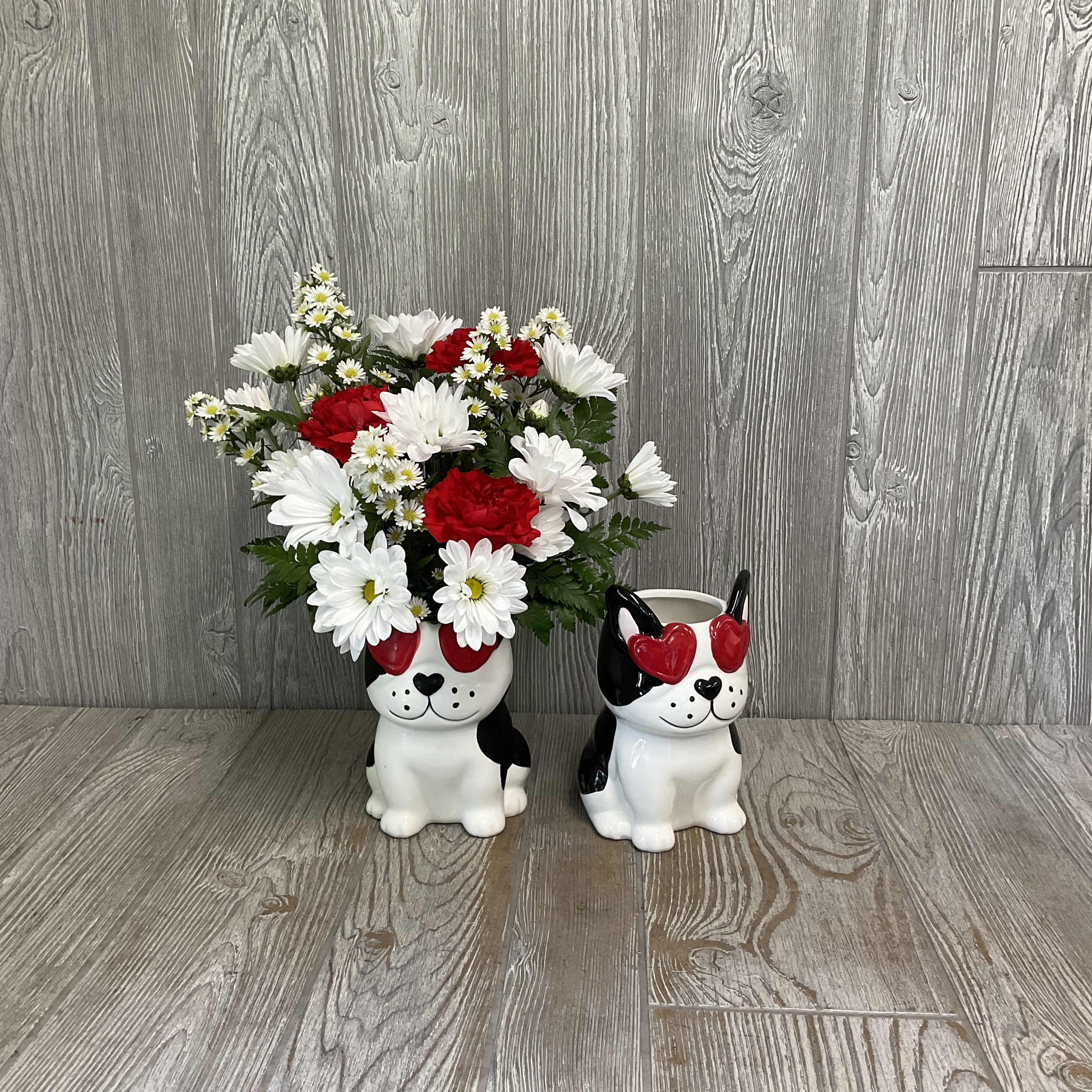 Puppy Love - Beautiful fresh cut flowers arranged in a keepsake ceramic dog container. Flowers and colors may vary. 