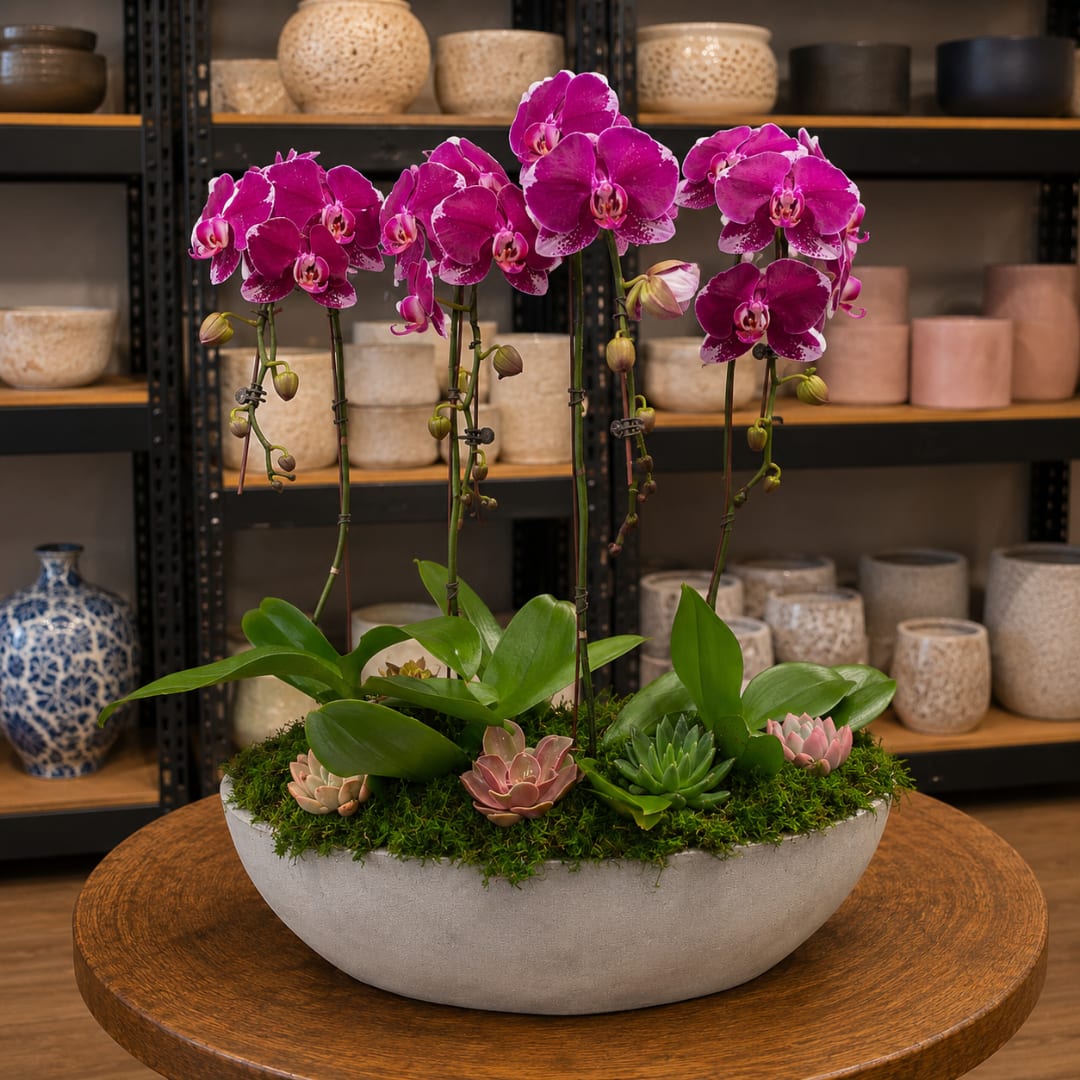 Magenta orchids and succulents arranged in a shallow white bowl