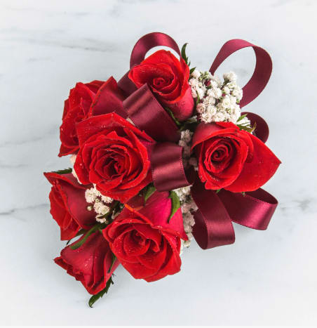 Red Rose Corsage by BloomNation™ - A classic red rose and baby's breath corsage compliments any outfit. Perfect for prom, formal, and weddings.