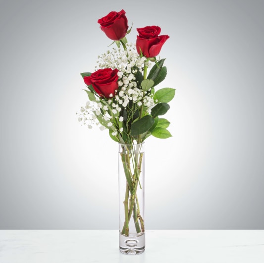 XO by BloomNation™ - Send a cute and sweet red rose bud vase to your love, your friend, or your relative for Valentine's day. Sending this arrangement is a lovely gesture and shows that you are thinking of them without breaking the bank!  Approximate Dimensions: 5"D x 15"H