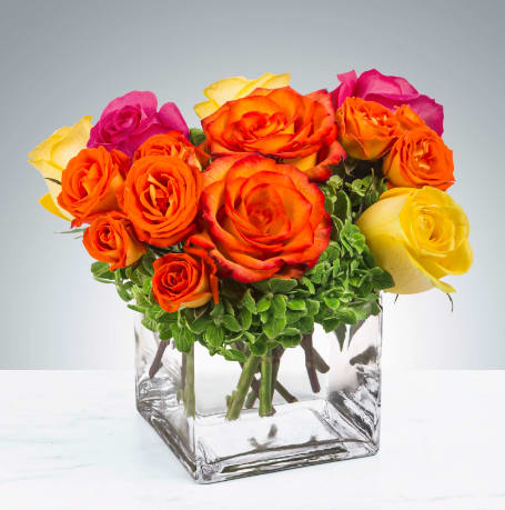 Bright Morning by BloomNation™ - Pink, yellow and orange roses come together with green hydrangea for a bright cube of sunshine. This arrangement lights up any space and will improve anybody's day. A perfect gift for all occasions.   APPROXIMATE DIMENSIONS 10" W X 11" H 