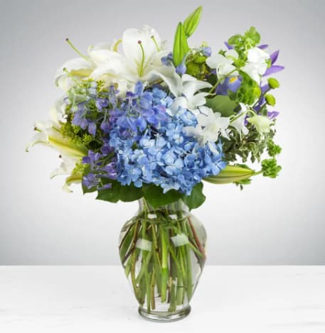 Breezy by the Sea by BloomNation™ - This arrangement contains delphinium, bells of ireland, asiatic lilies, hydrangea, blue iris, mokara orchids, and other seasonal blooms. It is a great gift for a birthday, get well, for wishing someone a fresh start. APPROXIMATE DIMENSIONS: 15" D x 18" H