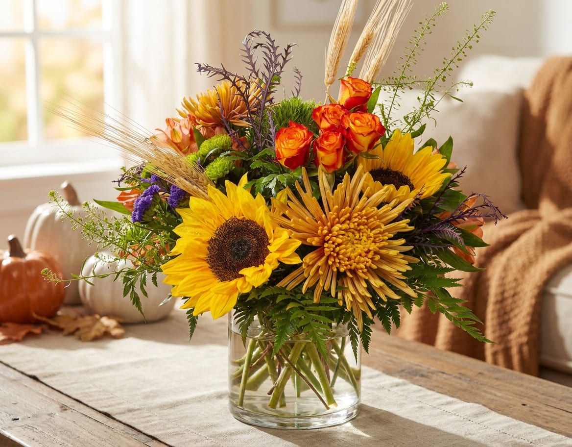 Sunflower and orange rose arrangement in a clear glass vase