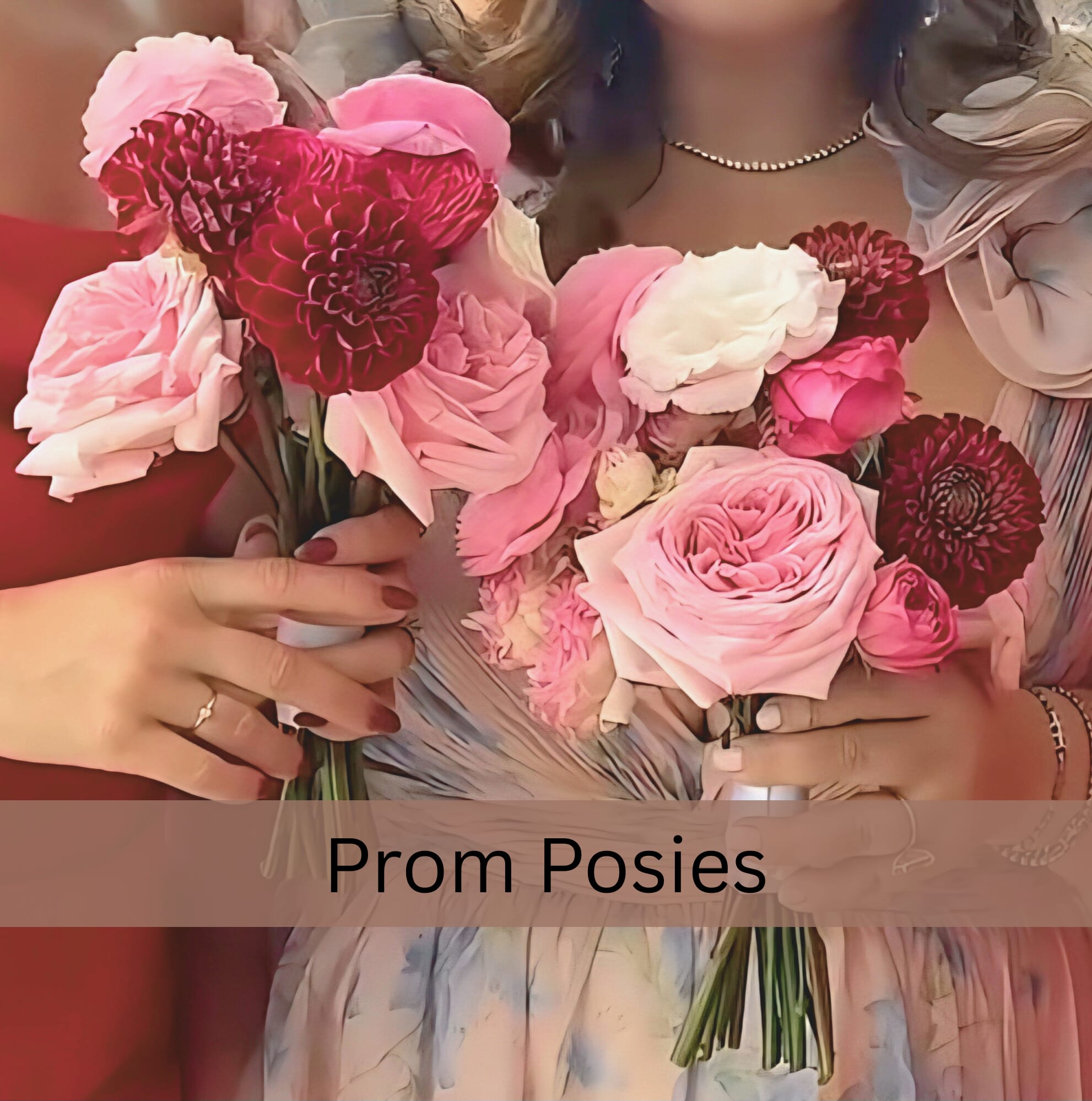 Two pink and burgundy prom bouquets held by women in formal dresses