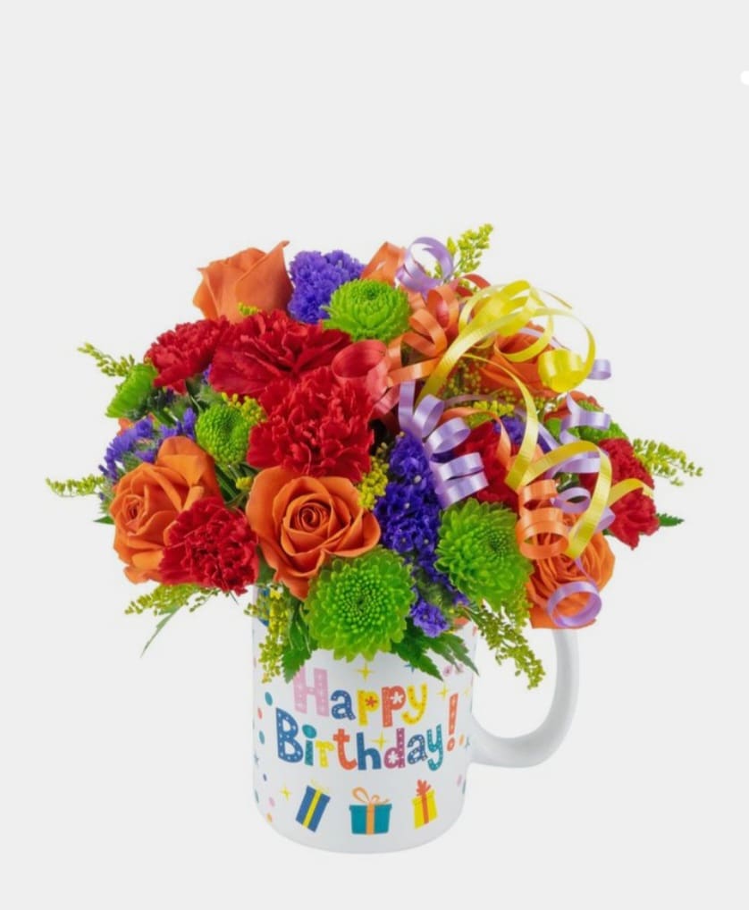 A birthday mug - A bright birthday mix designed in a ceramic mug. Ceramic mugs may vary depending on availability. 