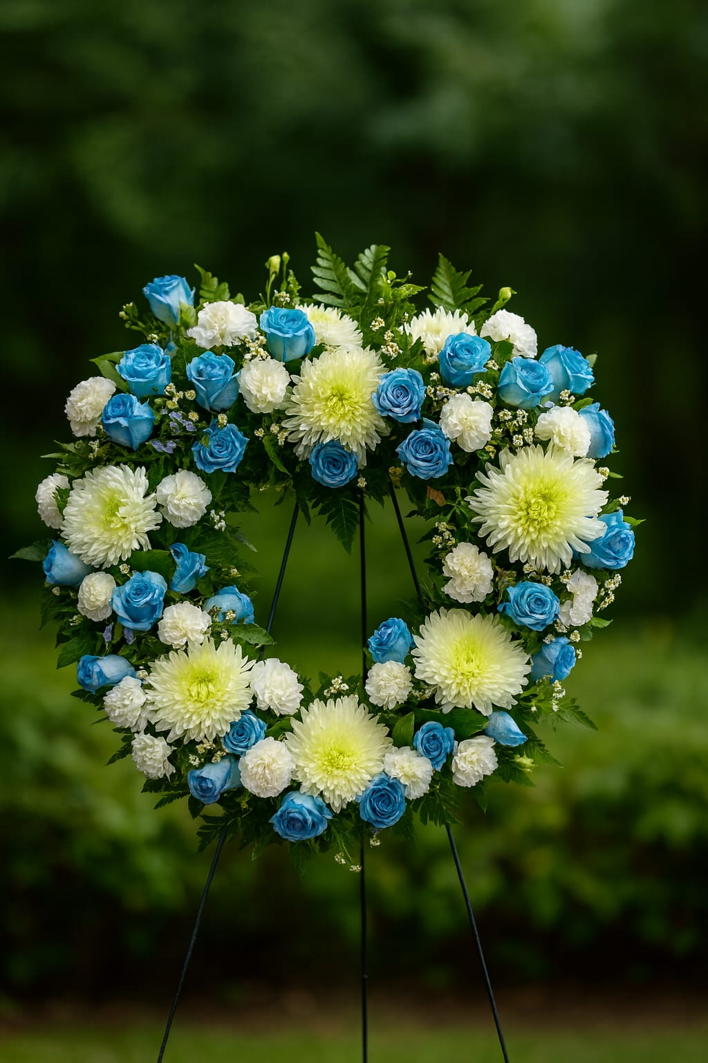 Heart-shaped floral wreath with blue and white flowers on a stand
