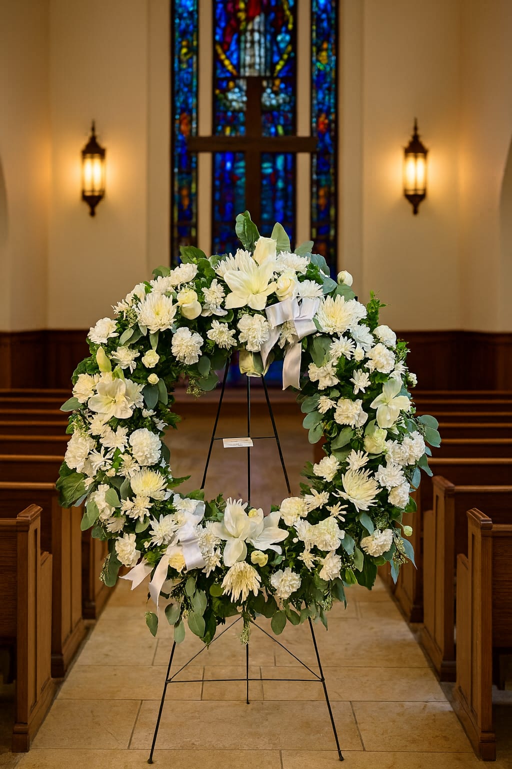 Large white floral wreath on a stand in a church aisle