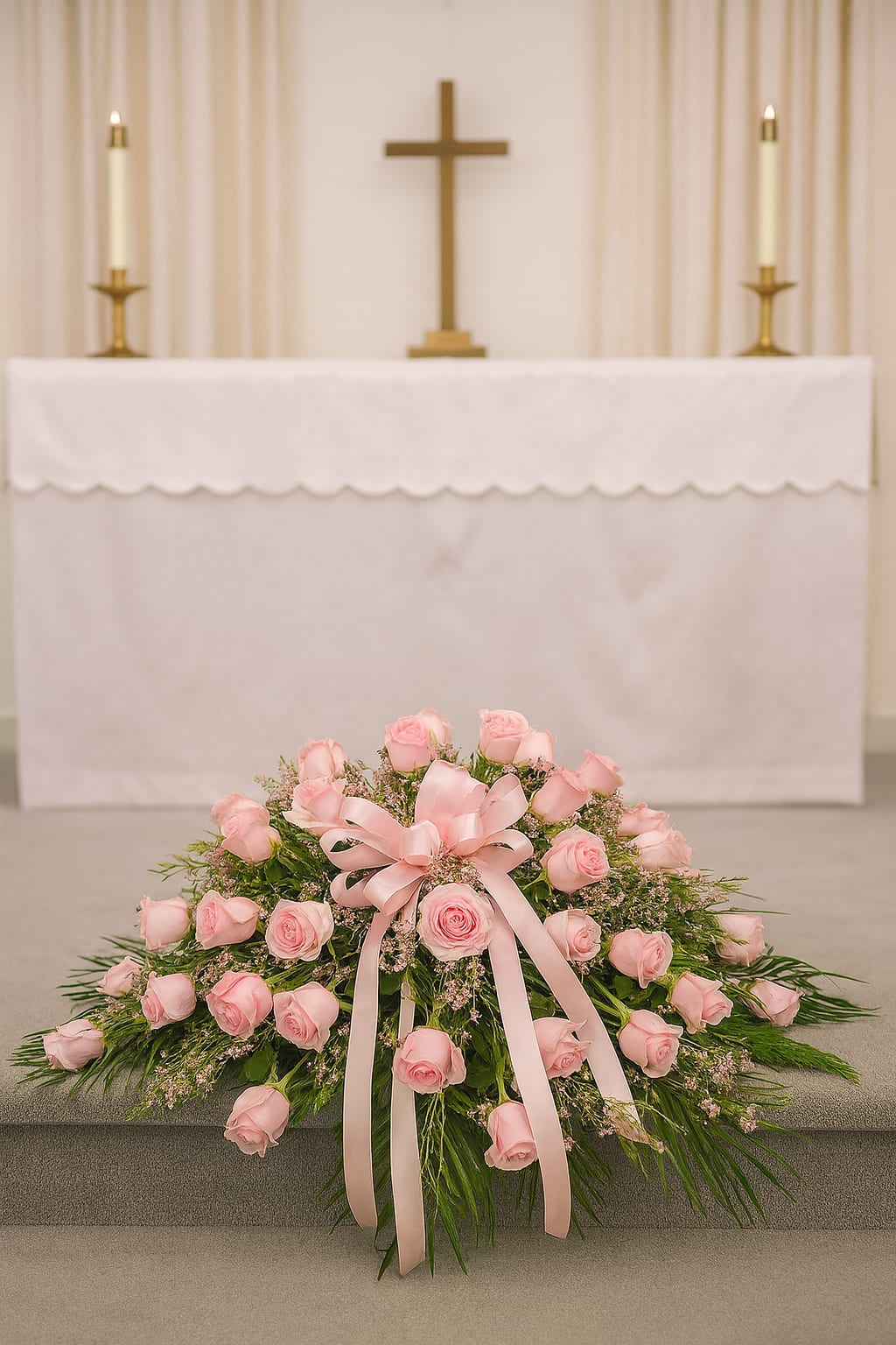 Pink rose casket spray with a satin ribbon in a church setting