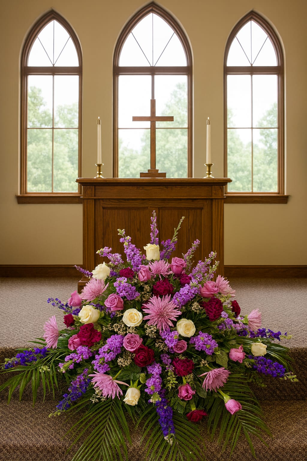Large pink, purple, and white floral spray in front of an altar cross