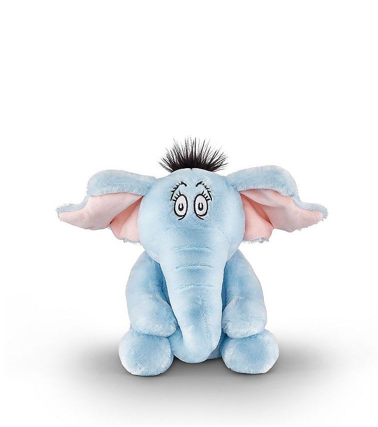 Blue plush elephant toy with pink ears and embroidered eyes