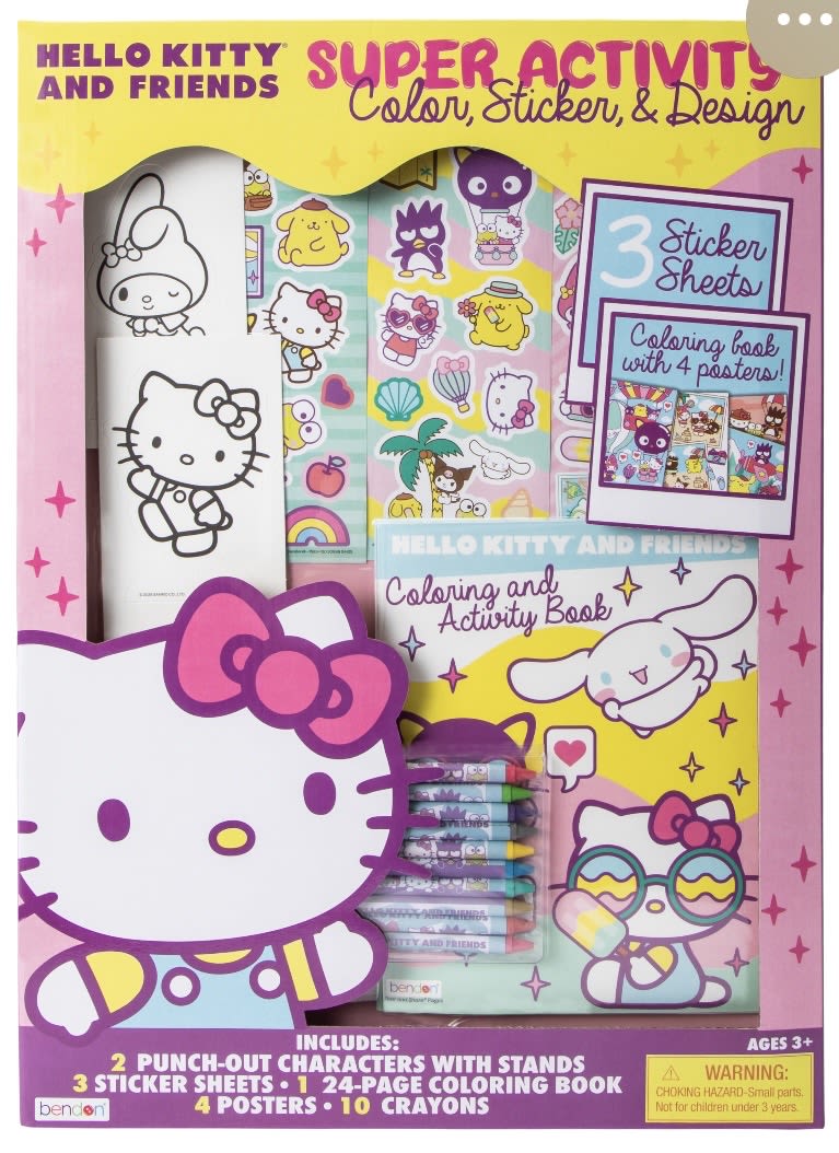 Hello Kitty and Friends activity set with coloring books, stickers, and crayons