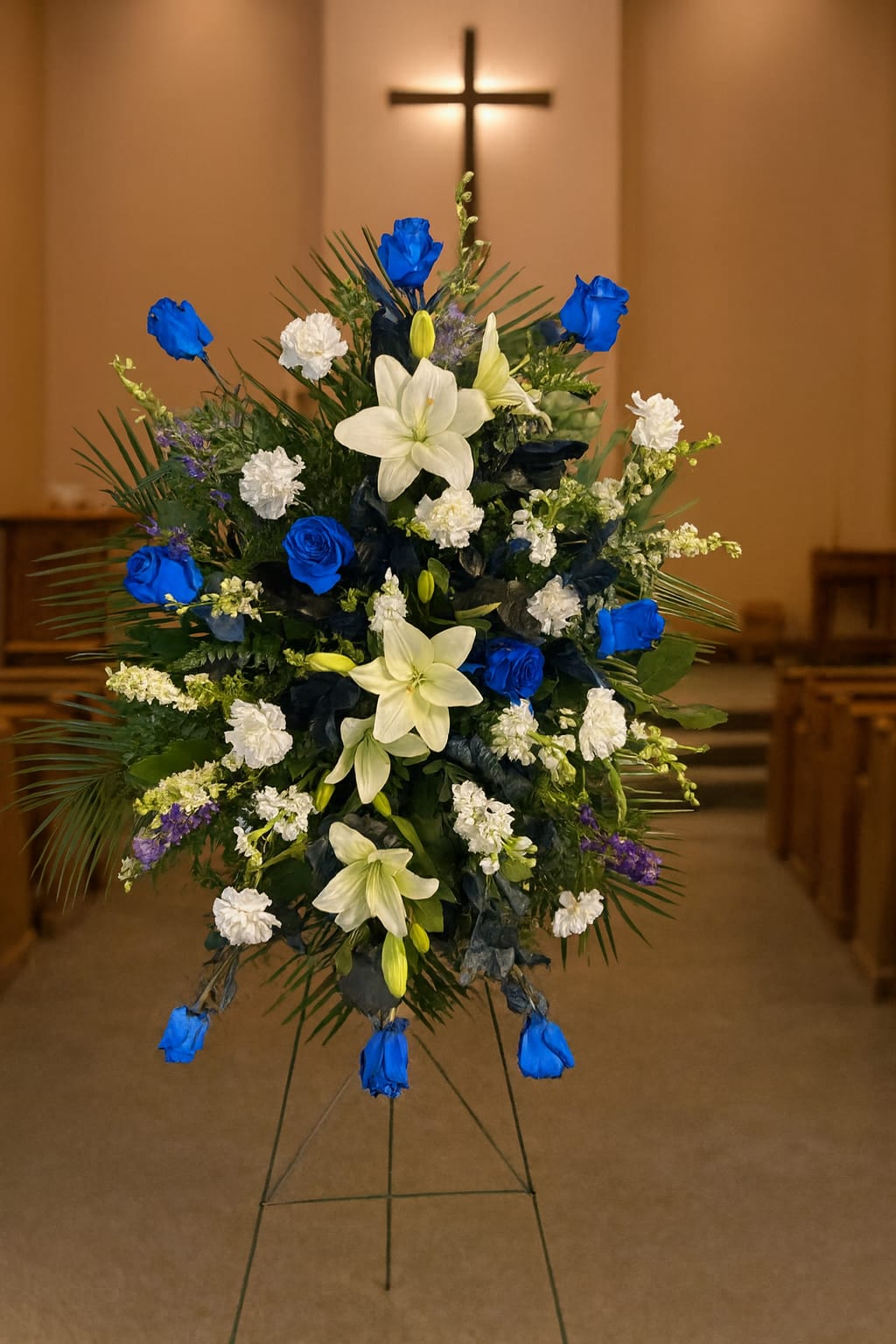 Standing floral spray with blue roses and white lilies on an easel