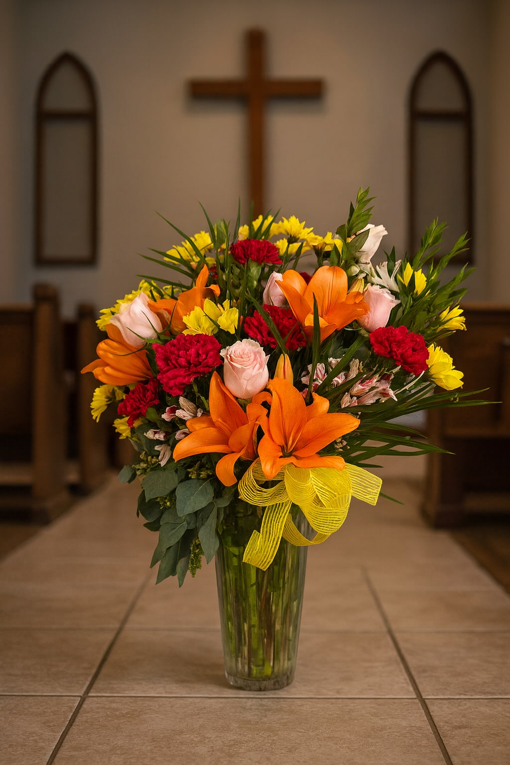 Colorful flower arrangement in a tall glass vase with a yellow ribbon