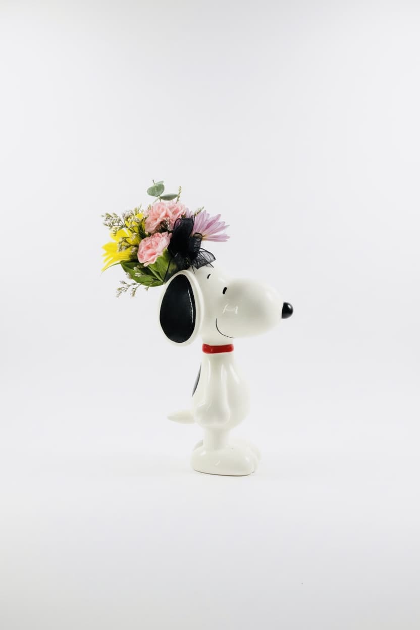 Snoopy figurine holding a small bouquet of pink and yellow flowers