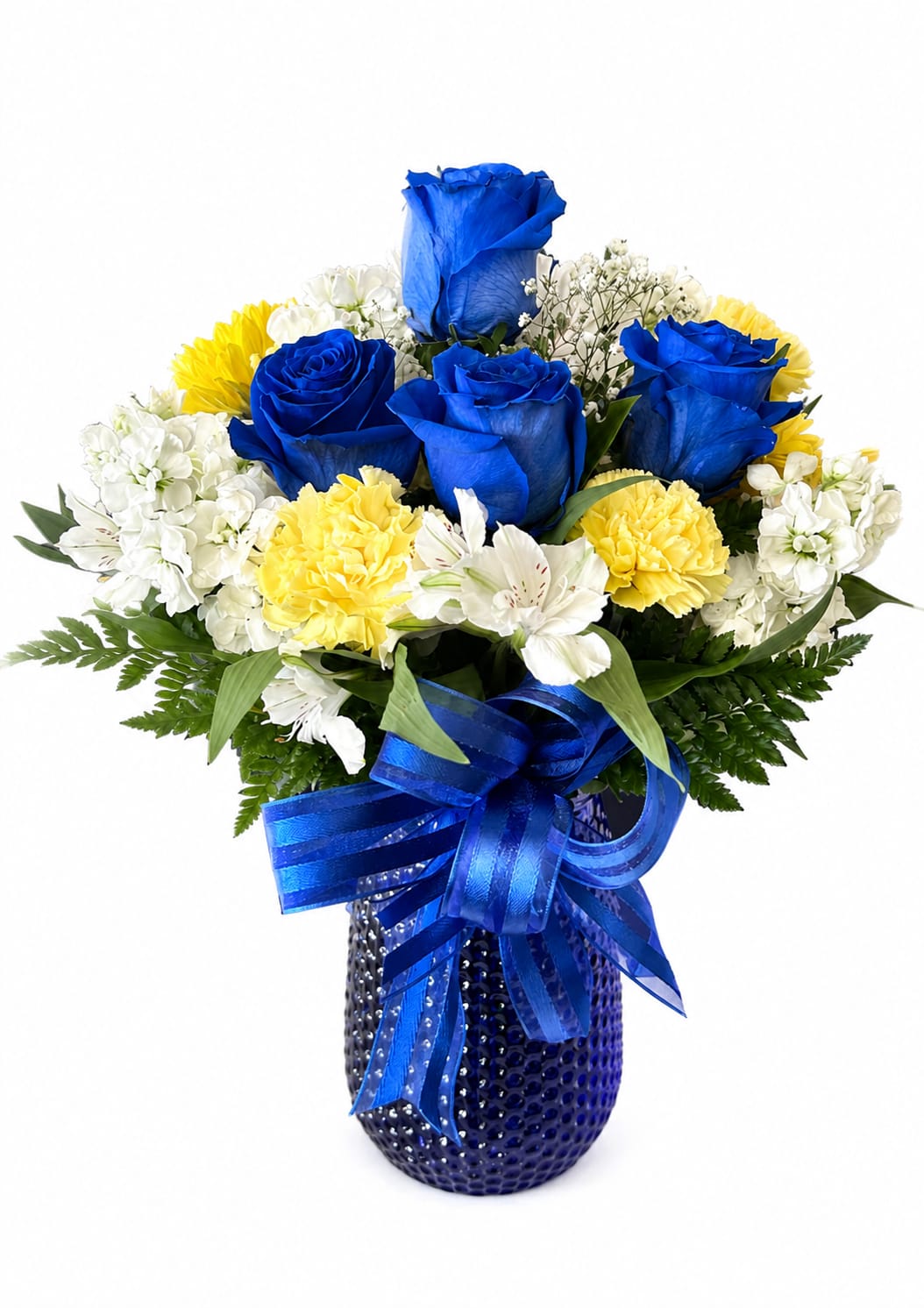 Blue roses and white-yellow flowers in a blue vase with ribbon