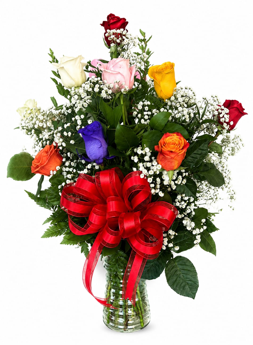 Mixed roses in a glass vase with a red ribbon bow