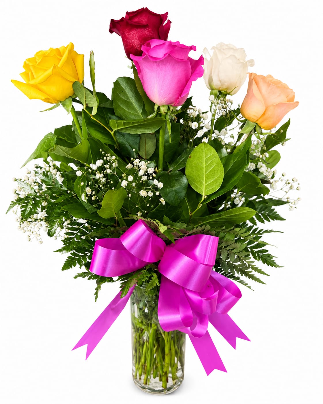 Bouquet of multicolored roses in a glass vase with a pink ribbon
