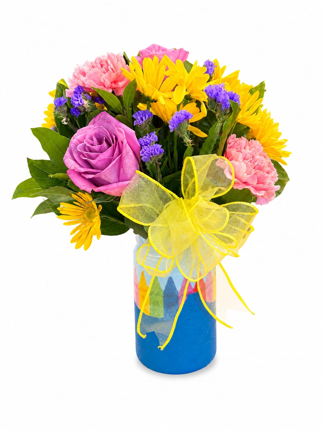 Bouquet of pink and yellow flowers in a blue vase with a yellow bow