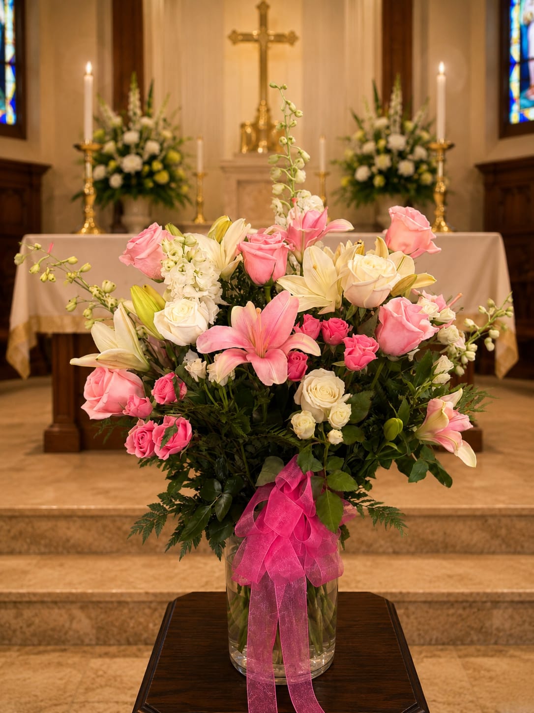 Pink and white floral arrangement in a glass vase with a pink ribbon