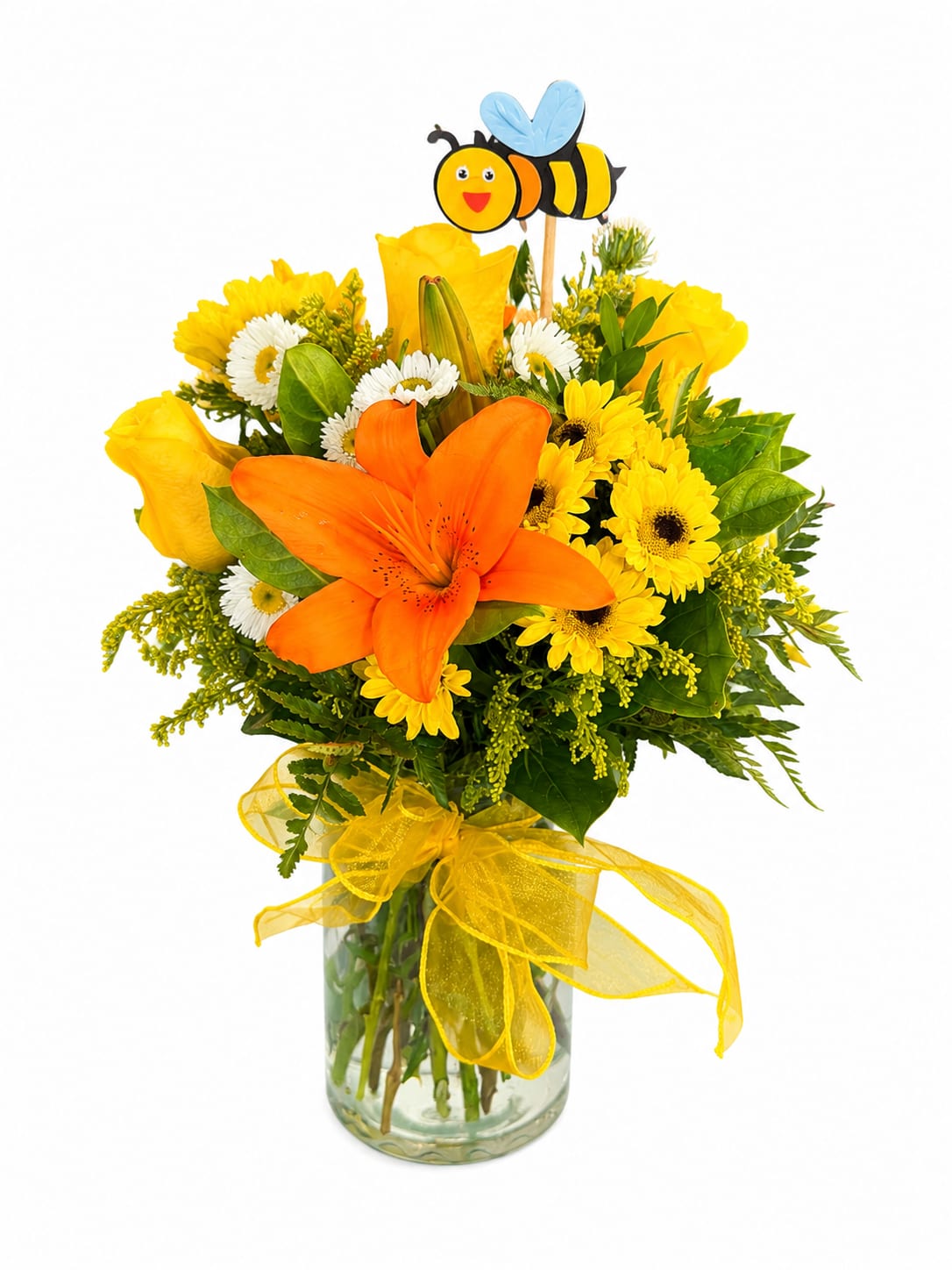 Yellow and orange bouquet in a glass vase with a bee pick