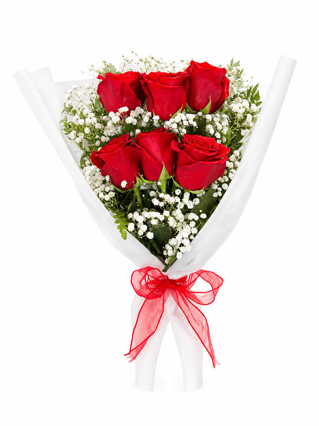Bouquet of red roses with white baby's breath in white wrap and red ribbon