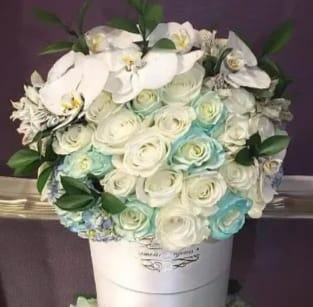 Cote d'Azur Signature Box - 50 White and light blue roses  Blue and White Hydrangeas White Orchid Greens