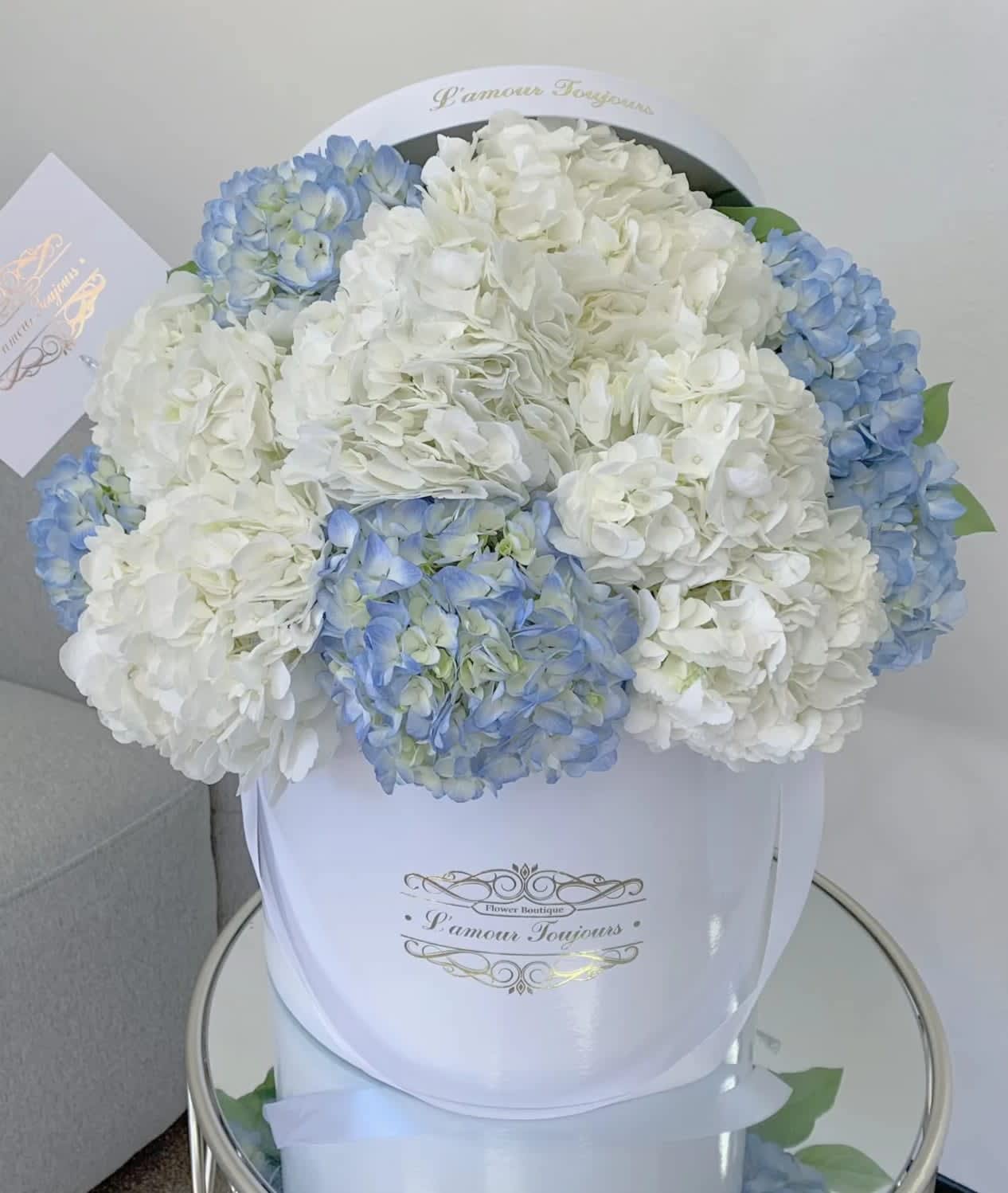 It's a Boy Signature Box - Hydrangeas  - Mix of White and Blue hydrangeas in our signature box