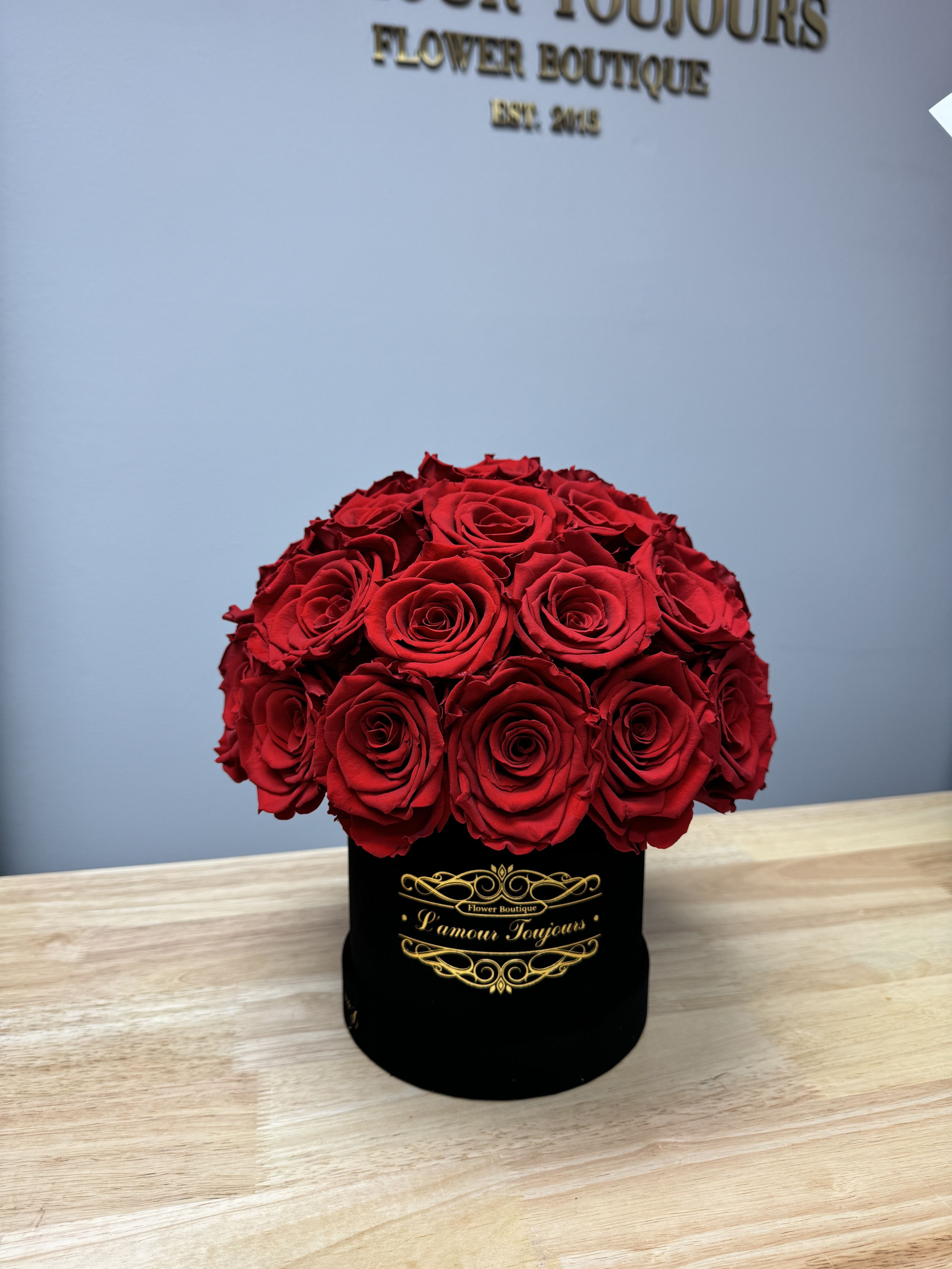 Black Velvet Everlasting Box - Black velvet box with 30 Everlasting roses. Everlasting roses are real roses preserved to last over three years.