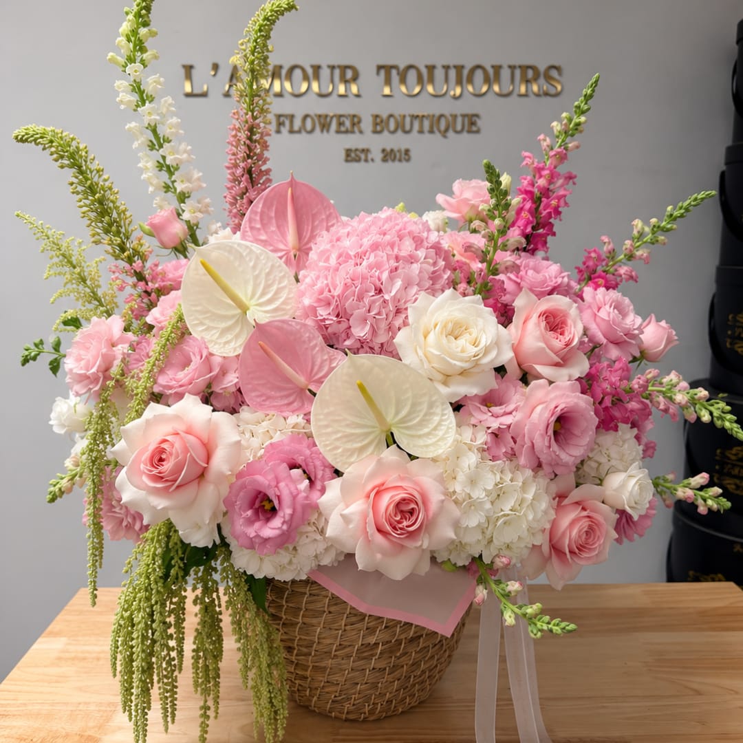 Pink and white floral arrangement in a wicker basket with tall blooms