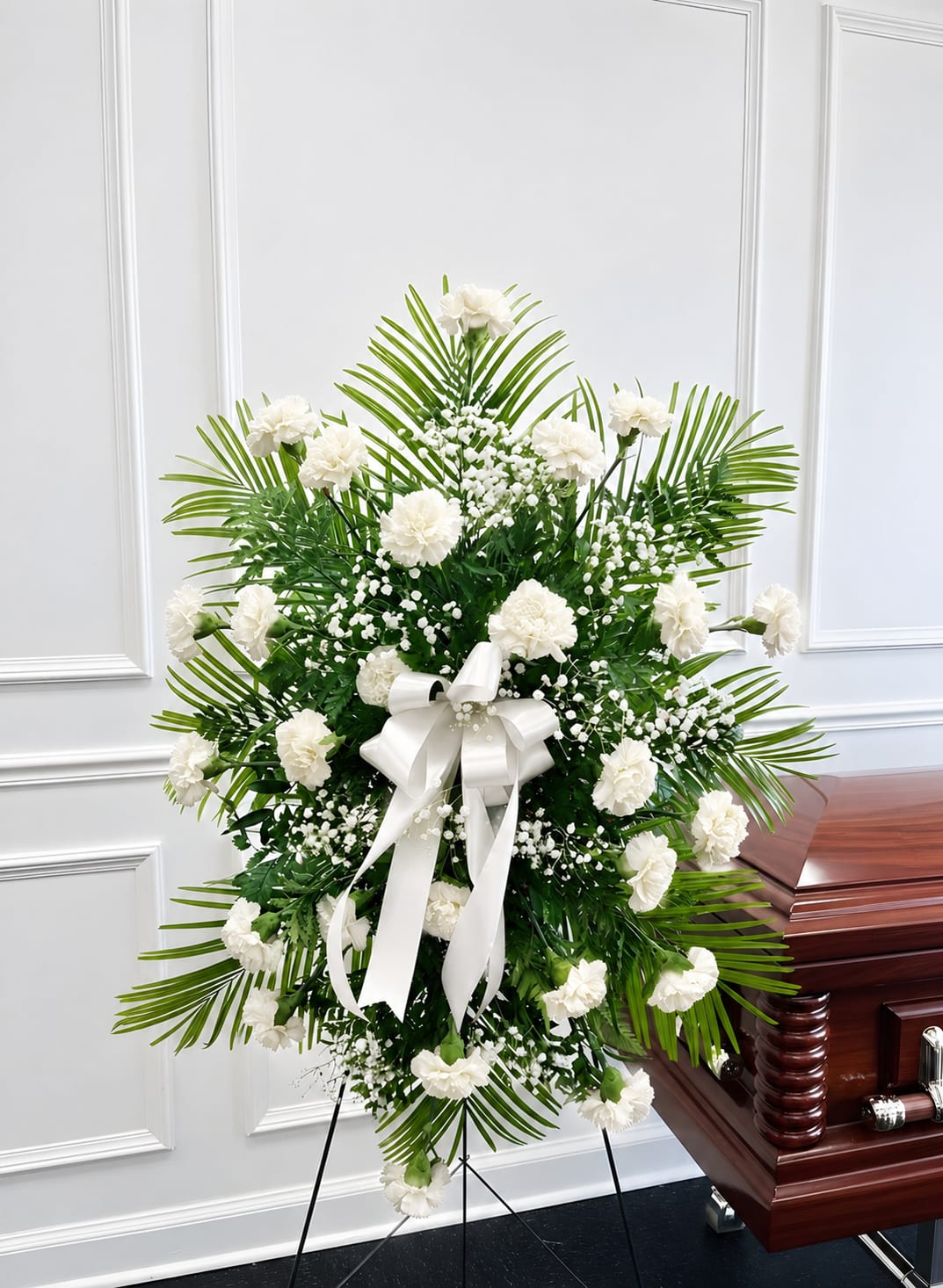 Peaceful Memories White Carnation Standing Spray - Express your heartfelt condolences with our Peaceful Memories White Carnation Standing Spray, a graceful funeral flower arrangement designed to honor a life well lived. Featuring elegant white carnations, soft baby's breath, lush greenery, and a classic satin ribbon, this standing spray symbolizes peace, purity, innocence, and everlasting remembrance.  Displayed on an easel, this sympathy standing spray creates a comforting presence during funeral services, memorials, and celebrations of life. Every arrangement is handcrafted by expert florists using fresh, premium blooms to ensure a beautiful and lasting tribute that conveys your deepest sympathy and support.  Perfect For:  Funeral Services Memorial Ceremonies Sympathy Flowers Celebration of Life Religious Services