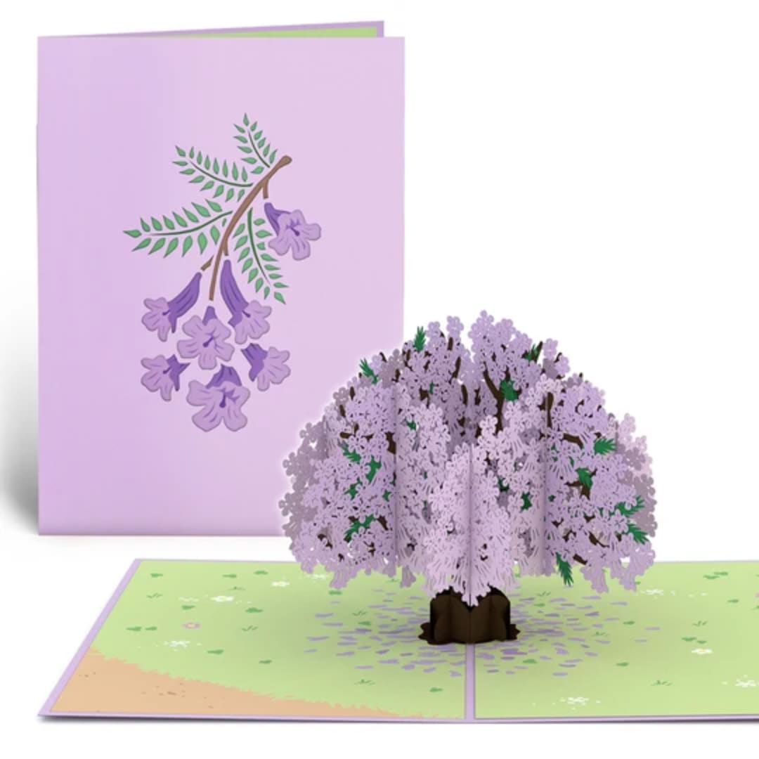 Pop-up card with a lavender flowering tree and matching floral illustration