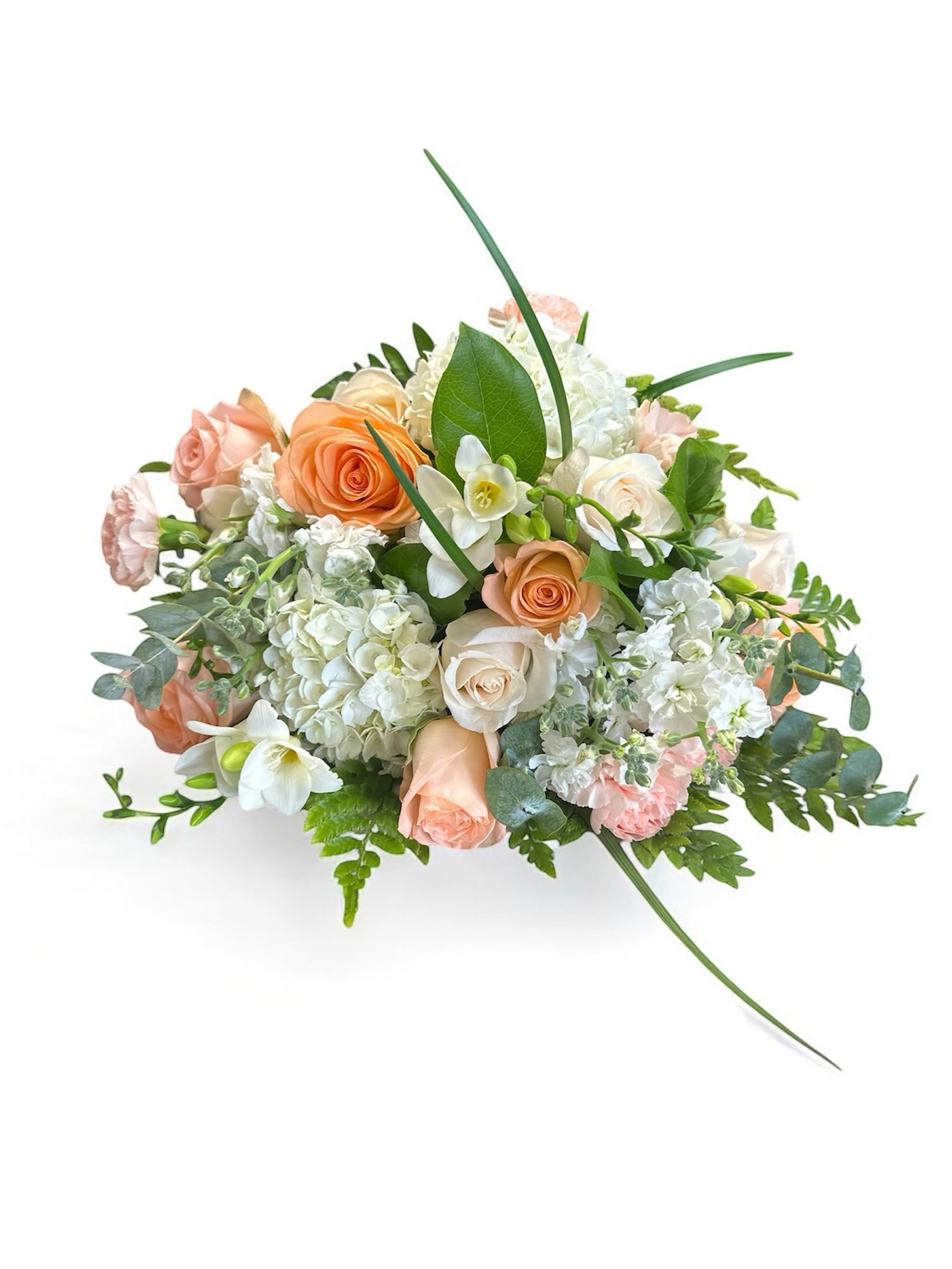 Peach and white rose bouquet with hydrangeas and greenery