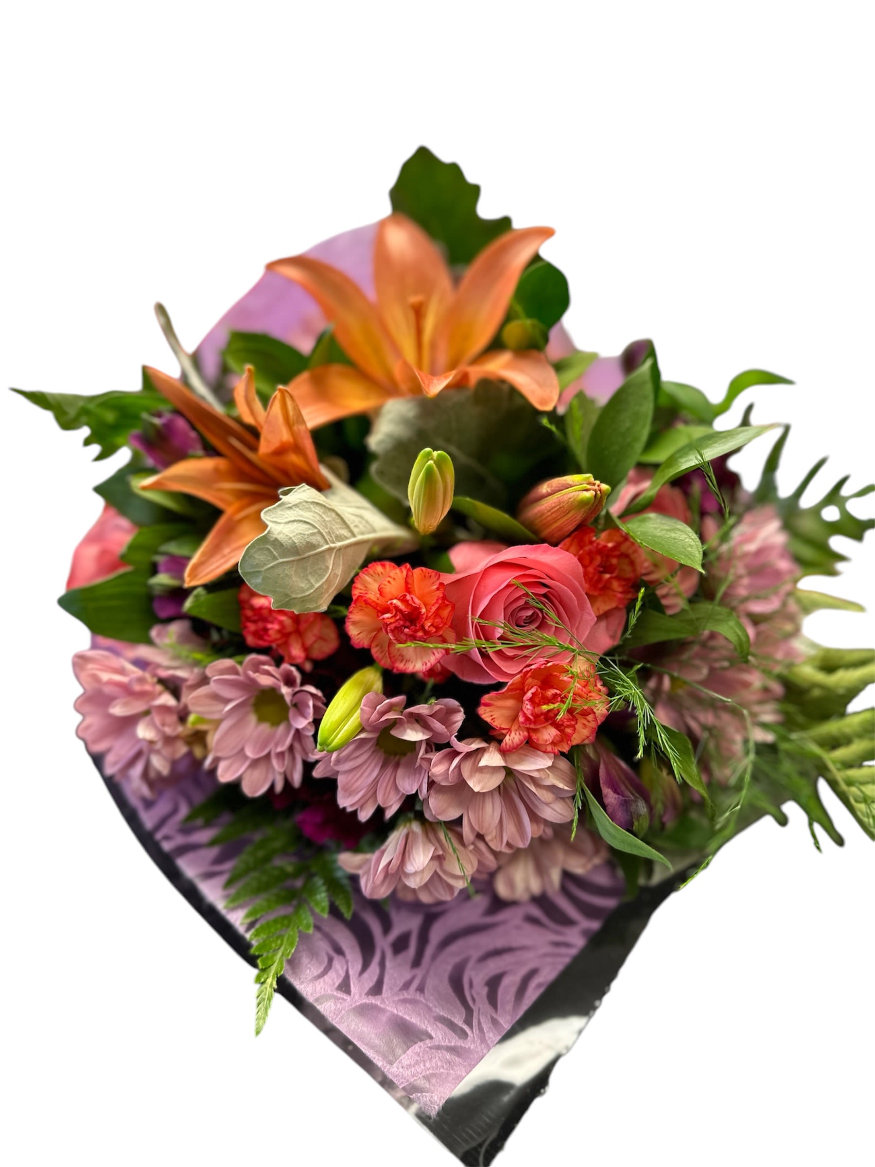 Bouquet of orange lilies, pink roses, and mauve daisies in purple wrap