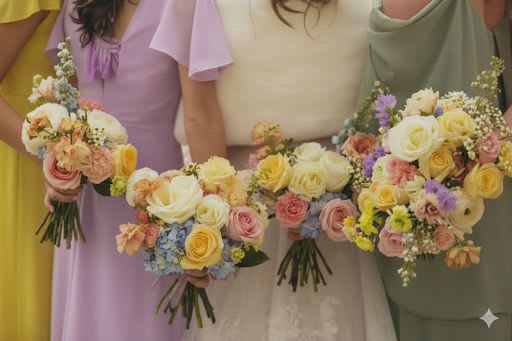 Bridesmaids holding pastel rose bouquets