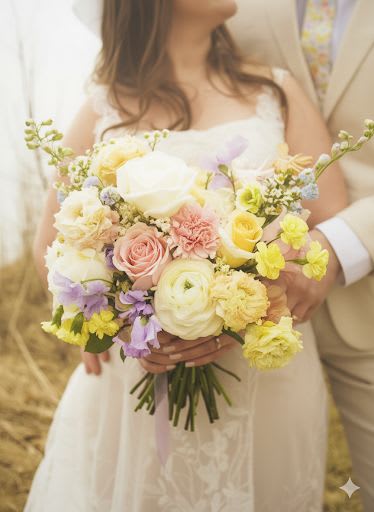 Bride holding a pastel bouquet of roses, ranunculus, and small blooms