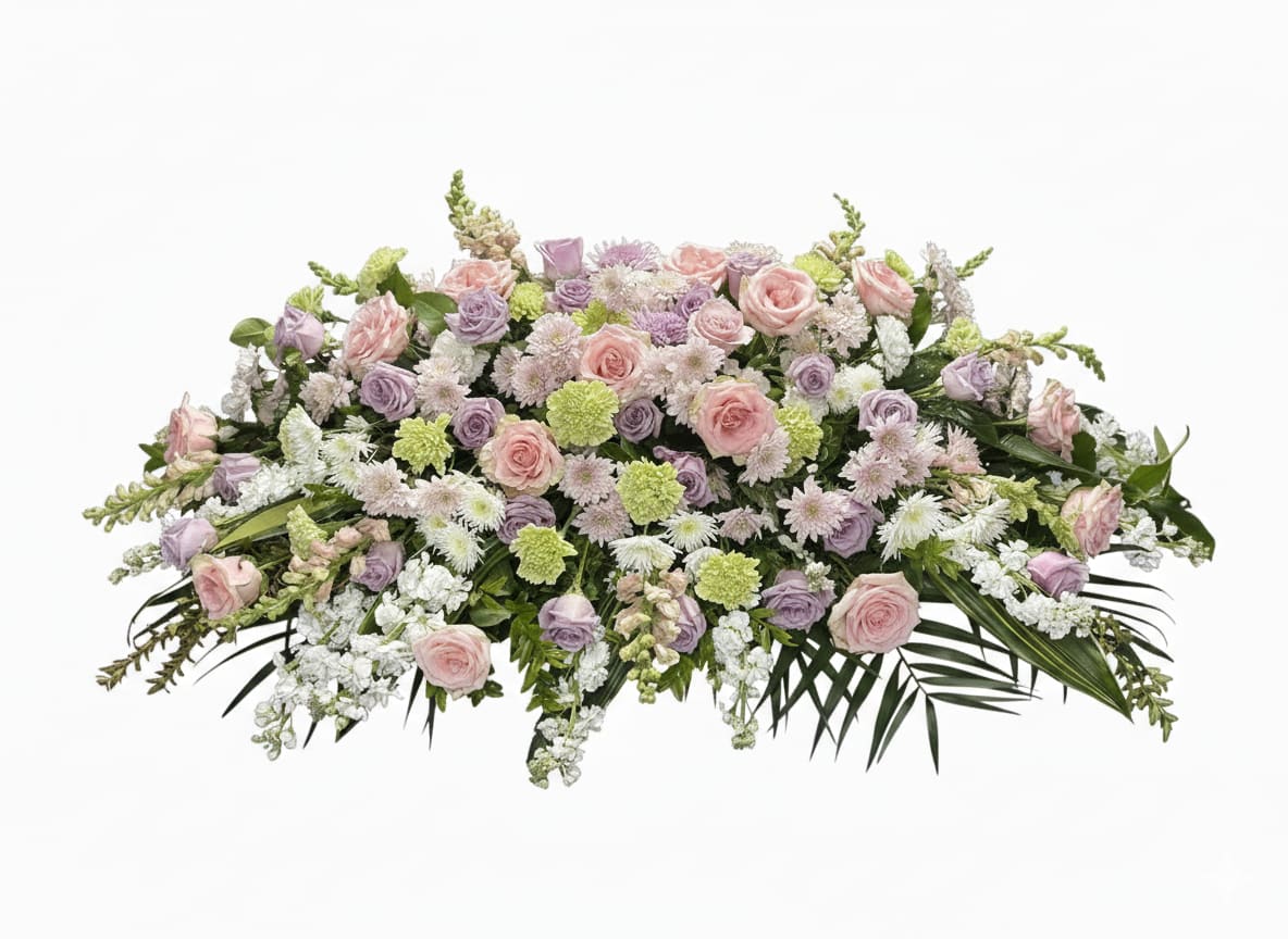Low floral spray with pink and lavender roses and white blooms