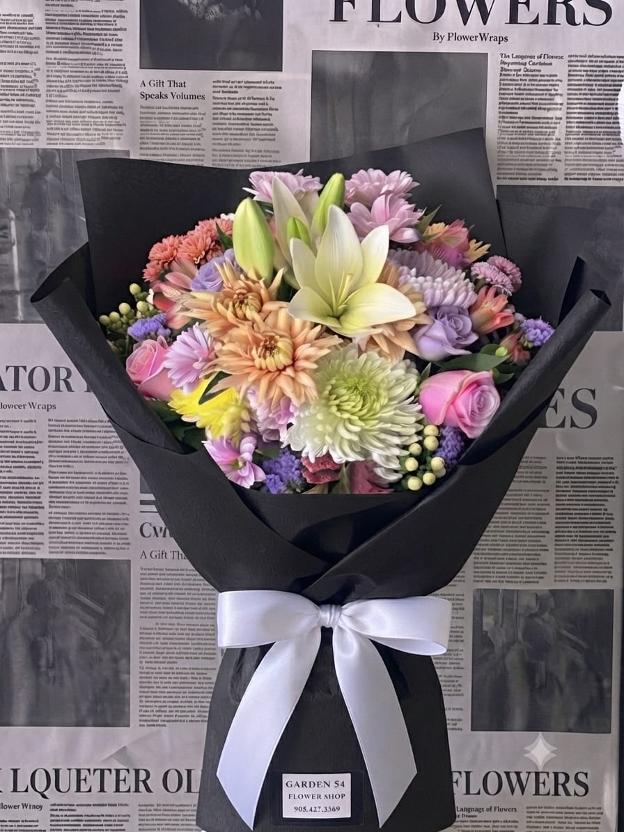 Mixed pastel bouquet with lilies, roses, and chrysanthemums wrapped in black paper