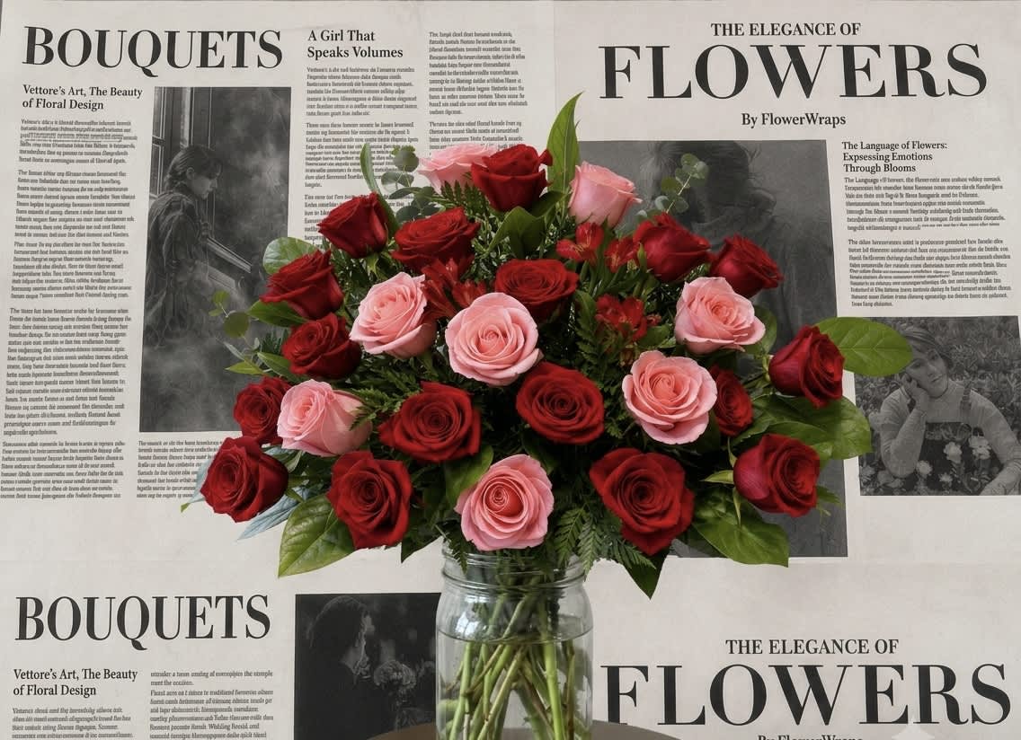 Bouquet of red and pink roses in a clear glass vase