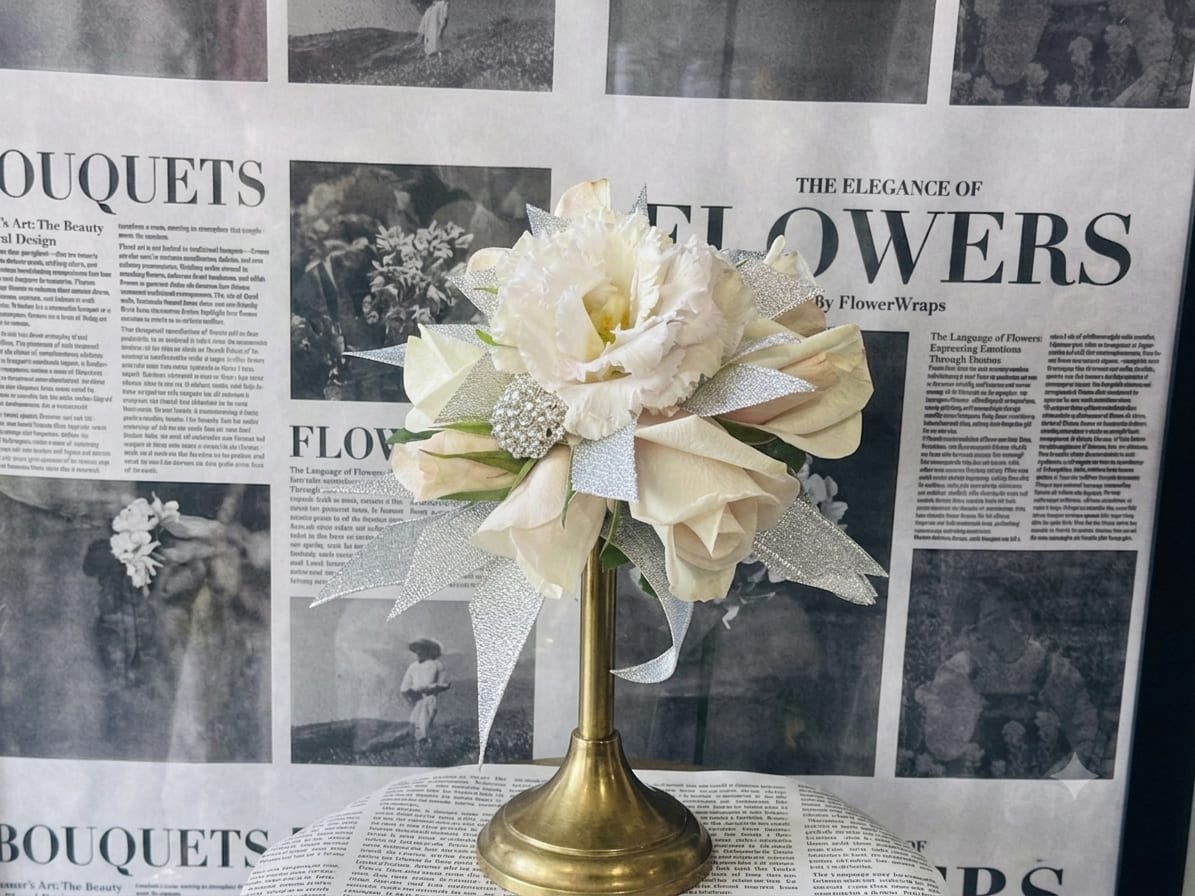 Cream-colored bouquet on a gold pedestal stand with silver ribbon accents