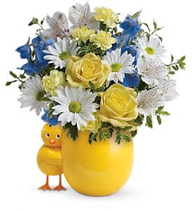Sweet Peep Bouquet - Baby Blue - A little one has arrived! Welcome them home with a lush bouquet of yellow roses and blue delphinium, beautifully arranged in this adorably cheerful chicky vase. The new parents will love to display the sweet ceramic keepsake in the nursery!