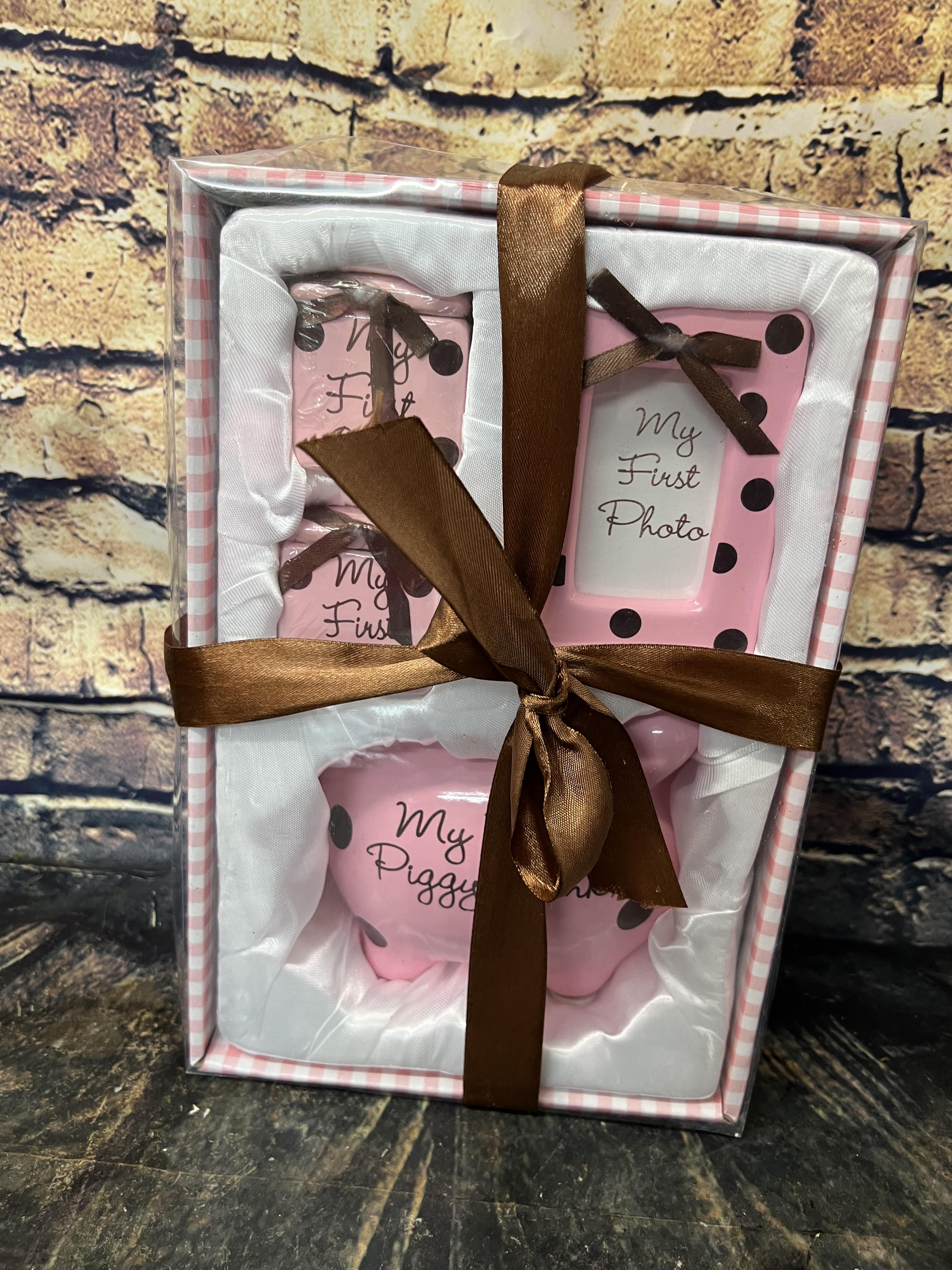 Baby's First Gift Set (Girl Only)  - A sweet baby gift set with a Piggy Bank, Baby's First Photo, a little box for the first curl and also a box to save the first tooth!  
