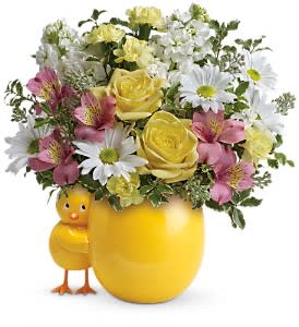 Sweet Peep Bouquet - Baby Pink - Celebrate a special arrival with this egg-cellent gift! Cheery white daisies, pink alstroemeria and gorgeous yellow roses will delight the new parents, especially when presented in this darling keepsake ceramic vase.
