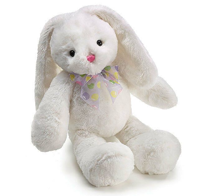 Easter Bunny Plush - Sweet and snuggly white plush bunny with extra-long ears and limbs, a festive bow around its neck, and a bundle of colorful Easter eggs. Stands 18 inches tall—perfect for springtime cuddles!